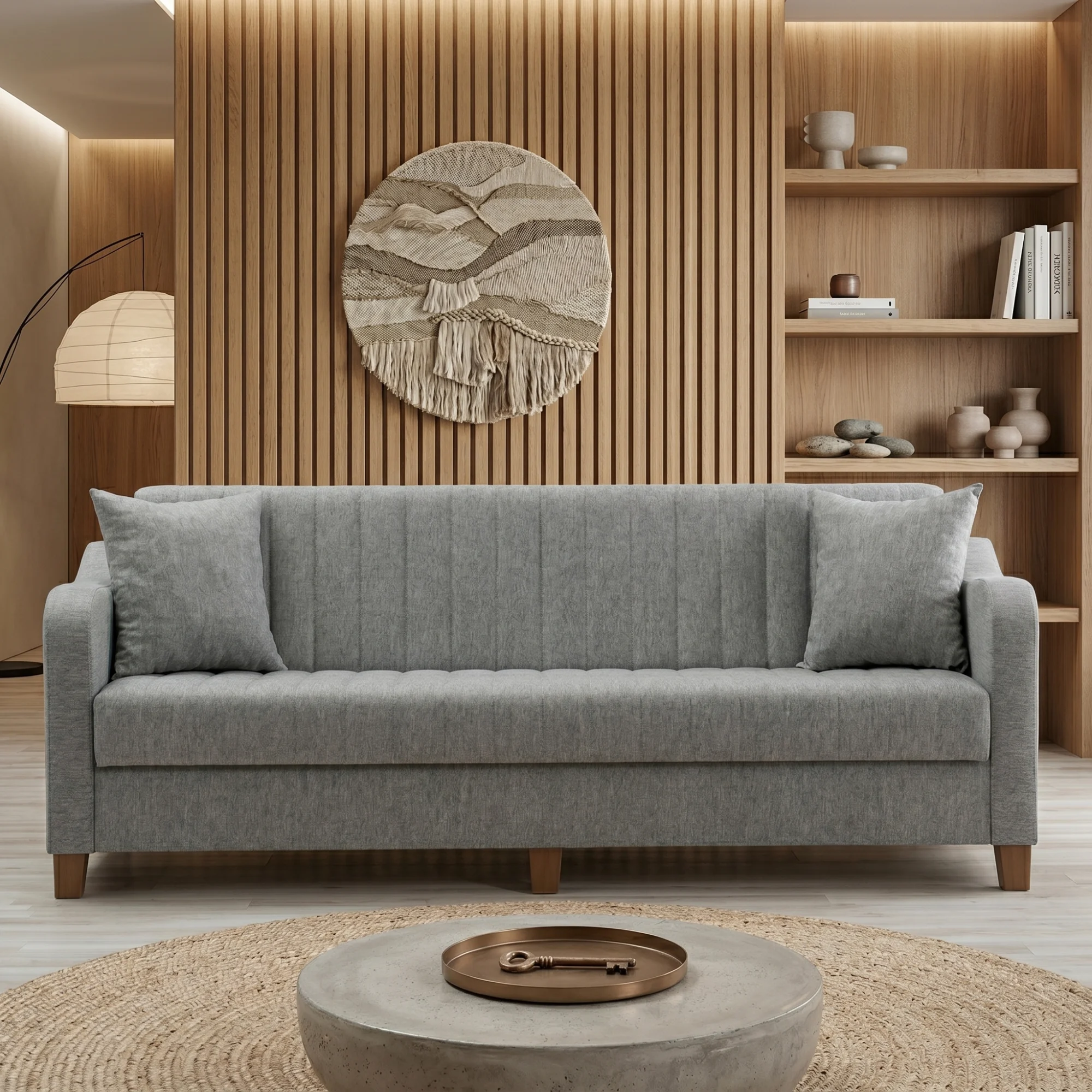 elegant-gray-three-seater-sofa-1.webp كنبة ثلاثية بلون رمادي أنيق تضيف لمسة هدوء ورقي إلى مساحة المعيشة - الصورة 1