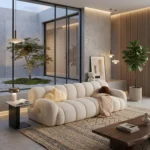 اكتشفوا رحلة الاسترخاء الأنيقة مع هذه الكنبة الفريدة ذات التصميم الفاخر واللمسات العصرية